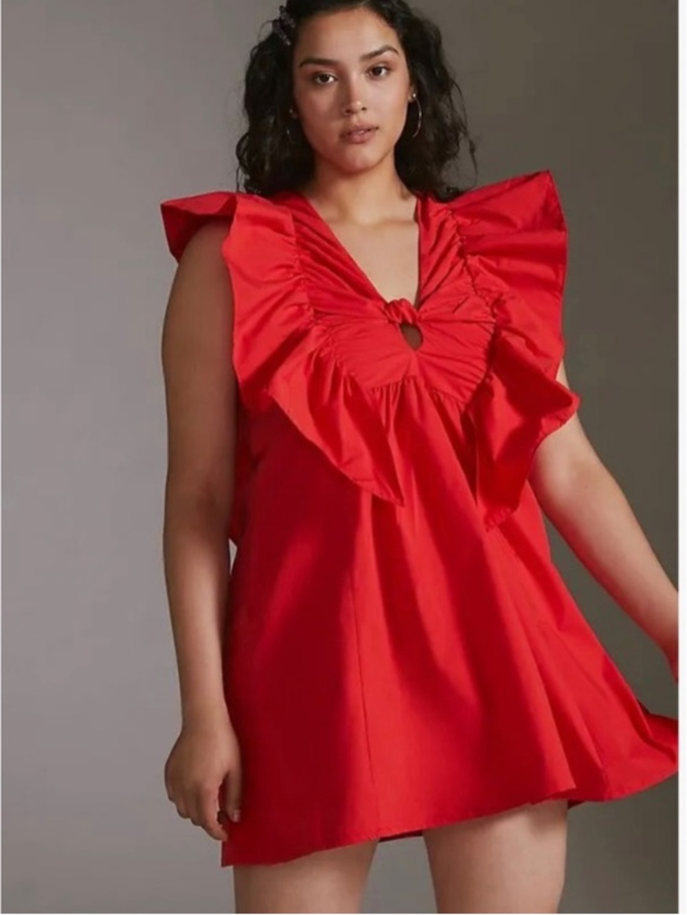 Anthropologie Blue Tassel Red Ruffle-Shoulder Mini Dress size Large